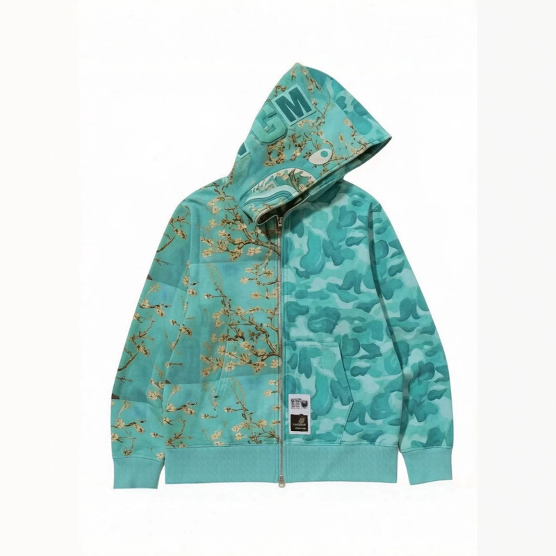 2026 European and American style couple's shark-themed Japanese trendy brand hoodie with mint, mambo, and sunflower patterns
