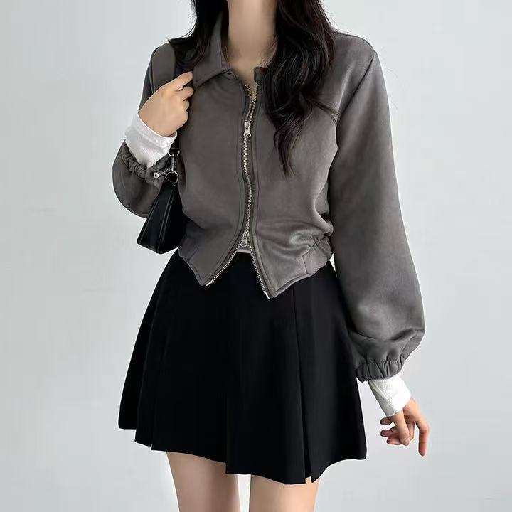 韩国Chic法式复古美拉德色系翻领简约短外套