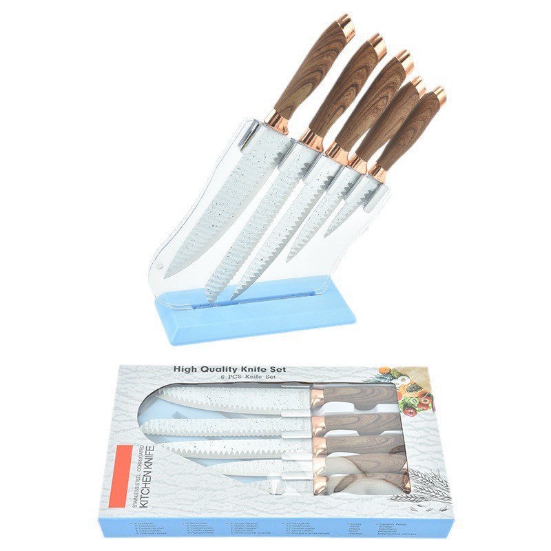 Inventario al por mayor mango de madera de seis piezas con cuchillo de cuchillo conjunto de cuchillo de cocina cuchillo de pan cuchillo de frutas conjunto de combinación