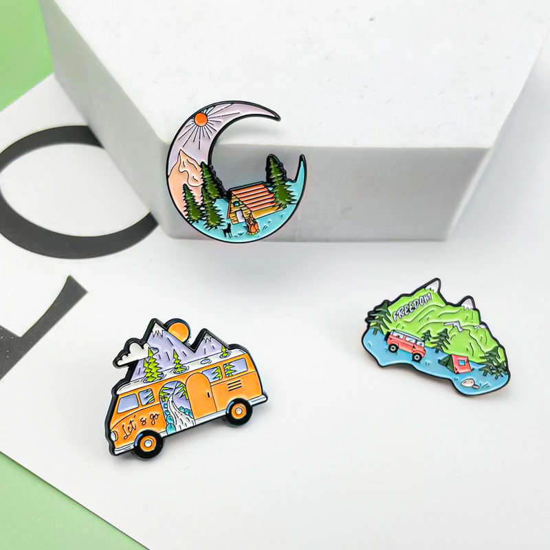 Broche de aleación de paisaje de dibujos animados, estilo ins, ropa, bolsos, accesorios, alfileres, elementos de la naturaleza, ilustración, insignia transfronteriza
