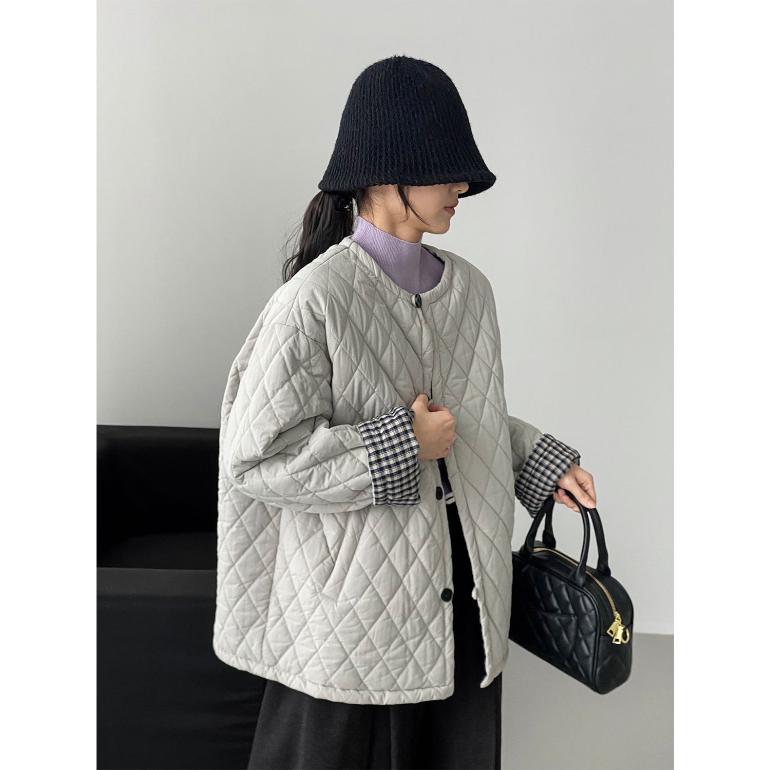 那末私服强推～复古简约菱格珩线棉衣女日系格子拼接棉服外套5068