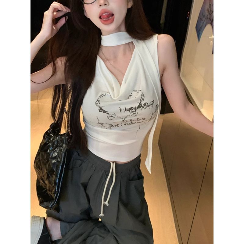 レトロプリントグレーTシャツ、スリムショートノースリーブベストトップ、ホットガールデザインオフショルダーボトムシャツ|undefined