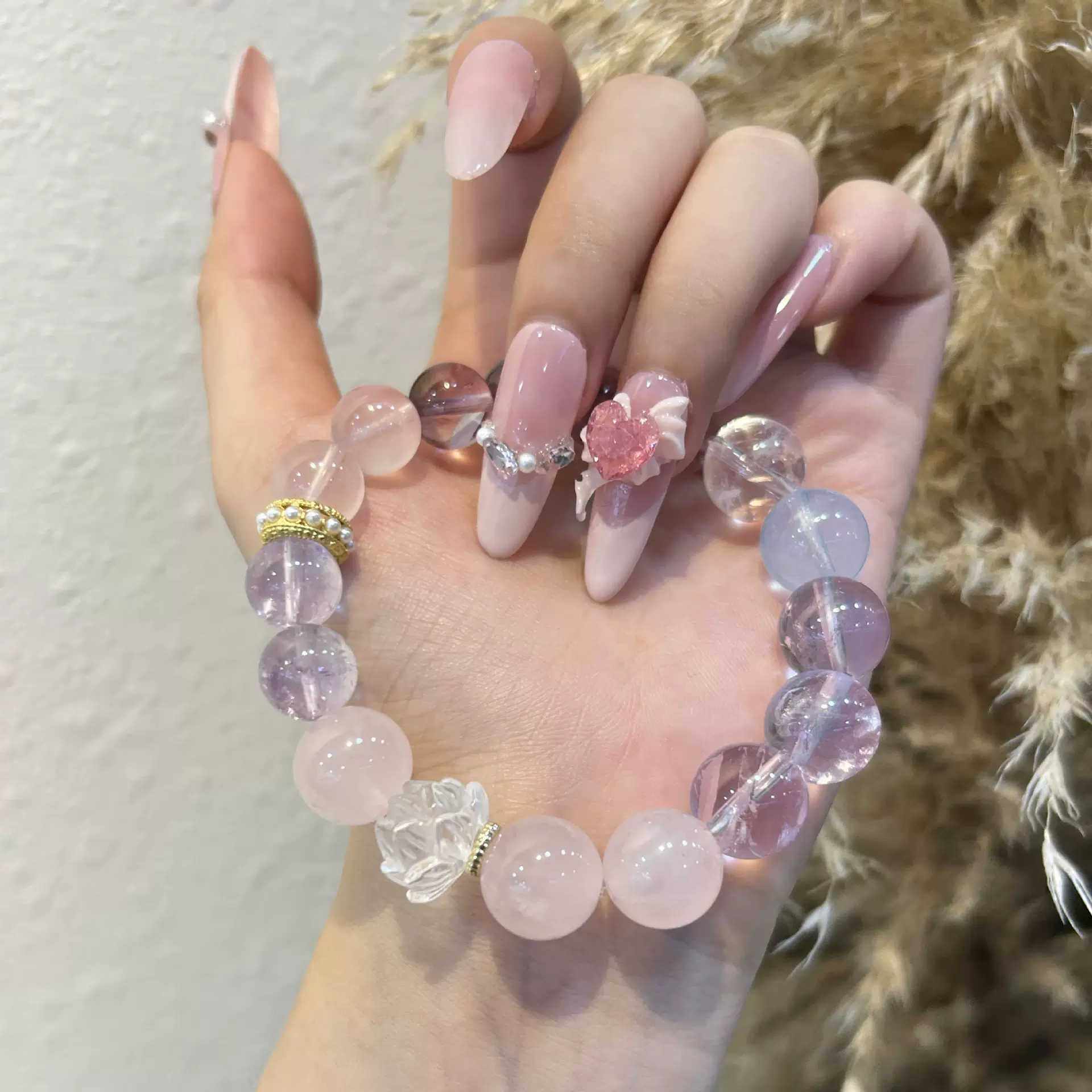 巧恩天然紫水晶粉水晶白阿塞手链女生大颗粒个性小众水晶串珠批发