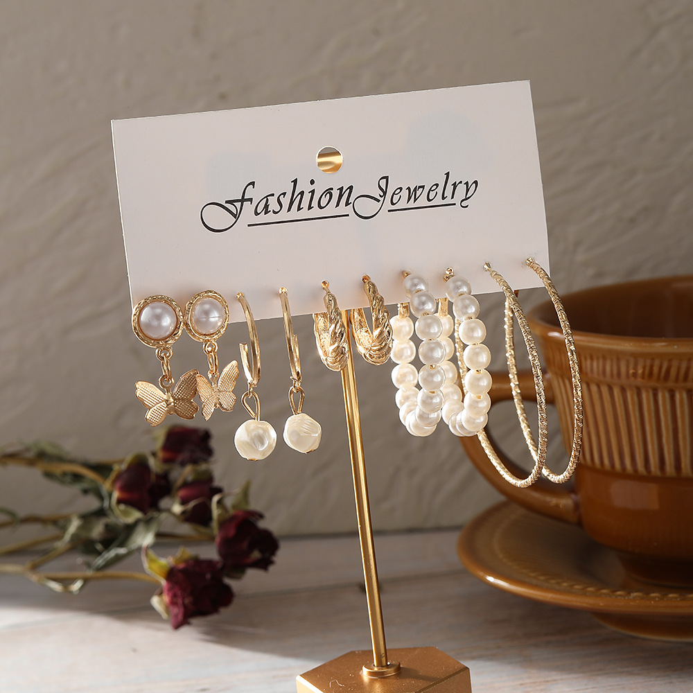 2021 bohemian style womens jewelry alloy butterfly pearl twill earrings 5piece set wholesalepicture3