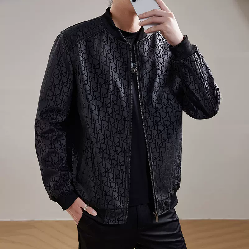 2024新款男士休闲棒球领加绒夹克外套时尚潮流满印中青年PU皮衣