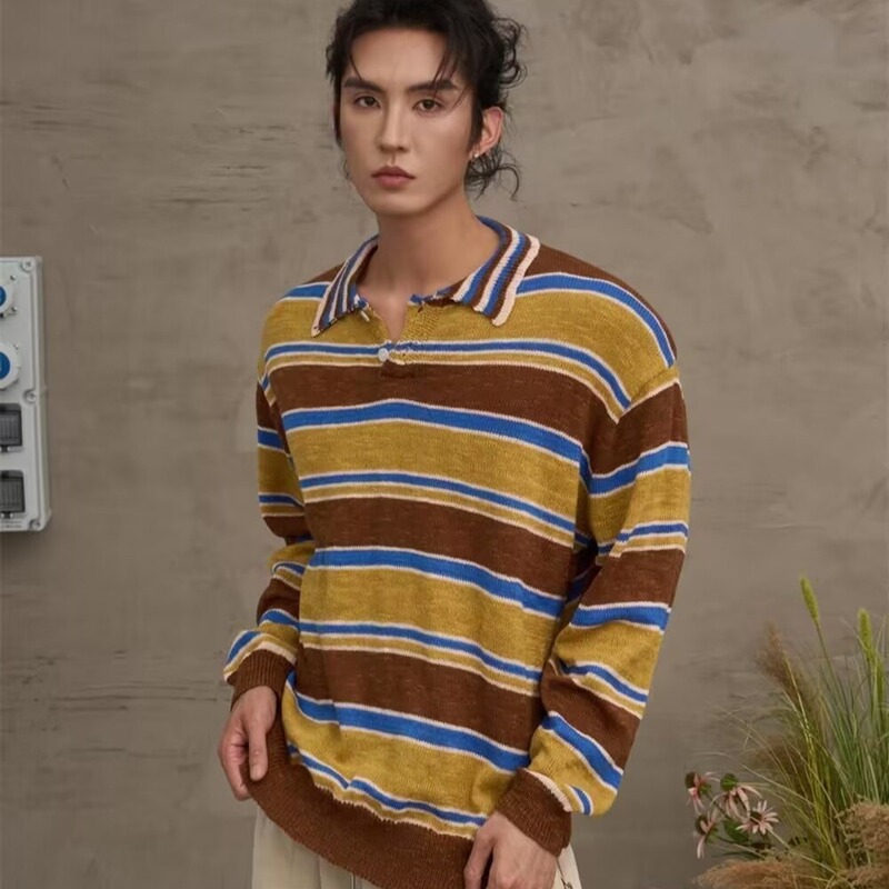 American Style Retro Polo Shirt Contrast Color Striped Knitted Sweater Men's Autumn and Winter Fashionable Loose Lazy Thin Wool Top