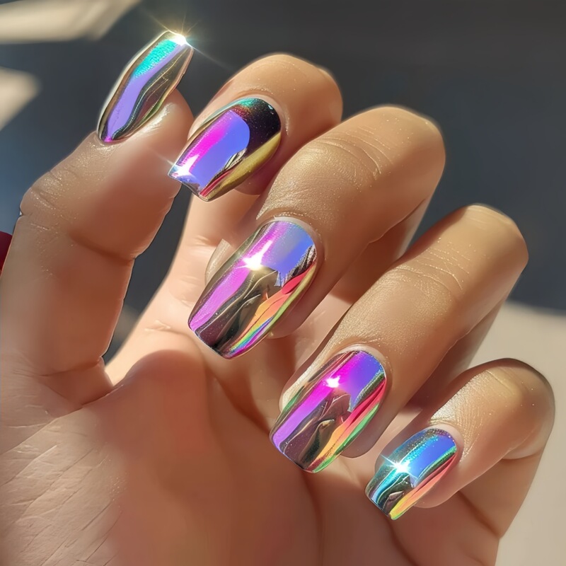 Medium-Length European Square Manicure Patches, Pink Glitter Electroplated Fake Nail Patches, Removable 24-Piece Box