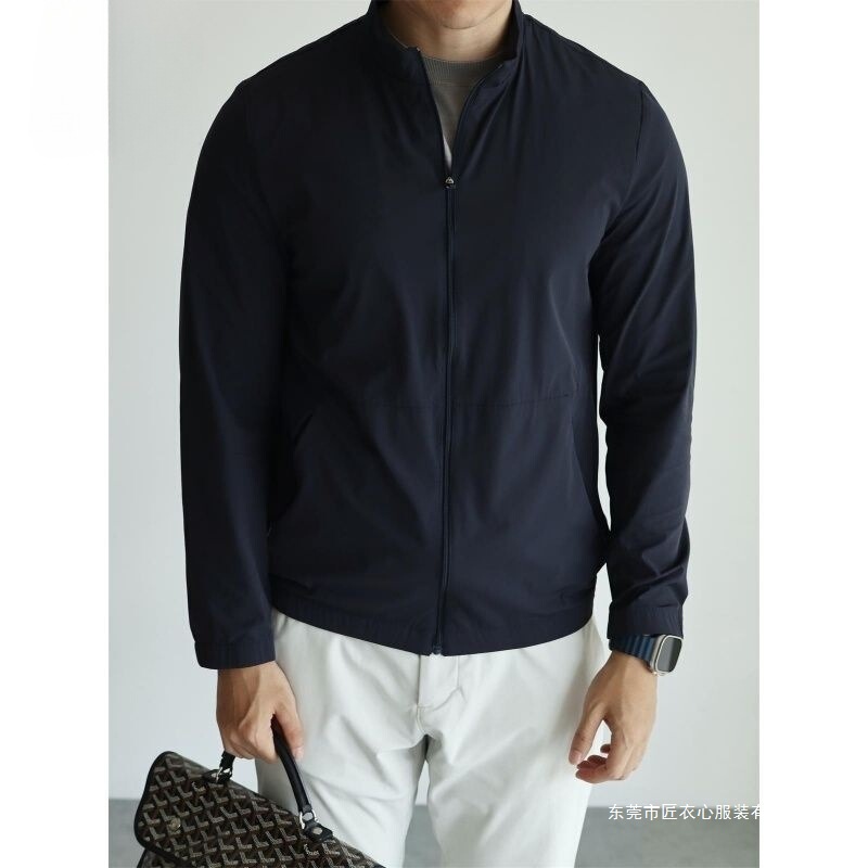 Hard-Core Thin Jacket with Small Stand Collar, Cool, Breathable, Quick-Drying, Portable Spring and Summer Palm Tree Color Night Sea Blue Light Fog Gray