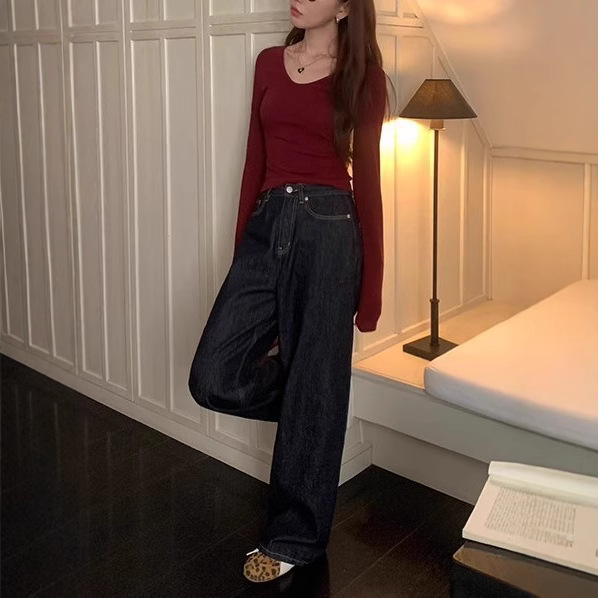 pusumede Vintage Wide-leg Jeans Women's Spring and Autumn Loose Slimming Straight Pants Mop Pants Long Pants