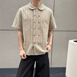 日系复古短袖衬衫男款夏季潮流高级感宽松休闲穿搭格纹男女款衬衣