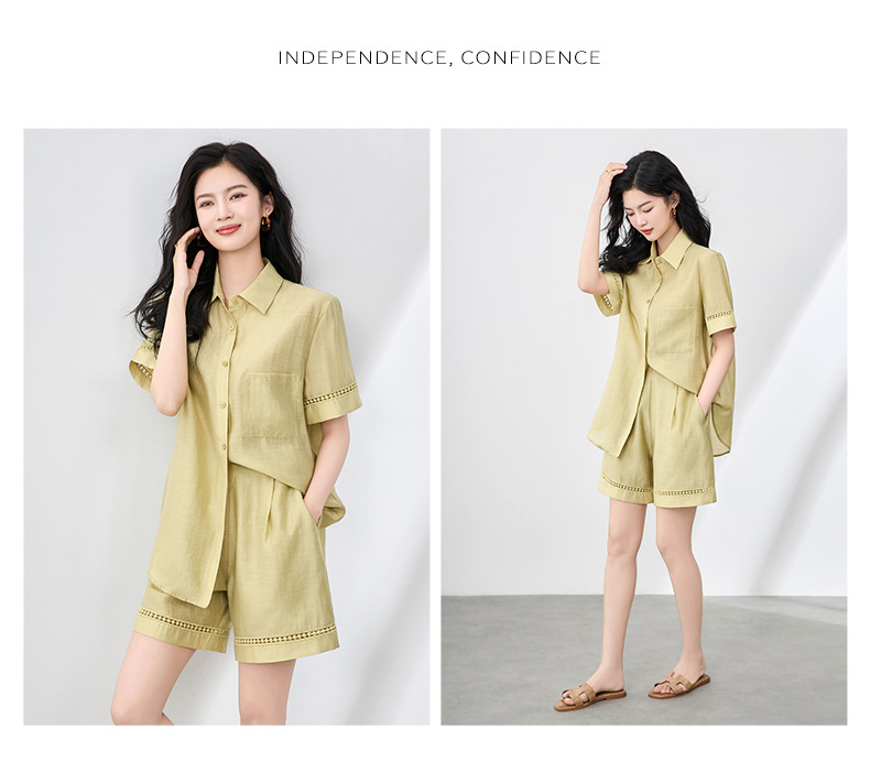 Áo sơ mi khoác pha vải lanh Tencel tay dài + quần short rộng thùng thình bộ hai mảnh mùa hè — Màu trắng chi tiết 8