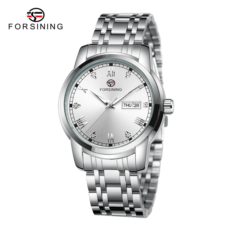 Forsining Fusini 8221 correa de acero reloj casual para hombres reloj mecánico automático calendario semana reloj