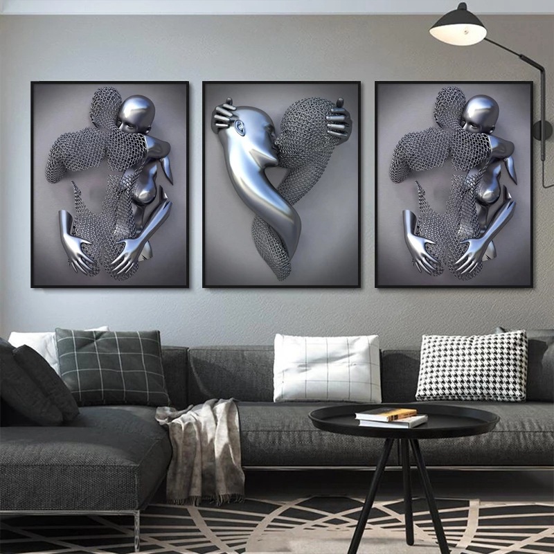 Creative Metal Character Hug Sculpture Frameless Poster Hanging Painting Modern Sofa Background Wall Decoration Canvas Painting Core
