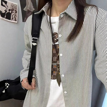 跨境黑白条纹长袖衬衫女春秋季新款复古情侣休闲衬衣宽松上衣外套