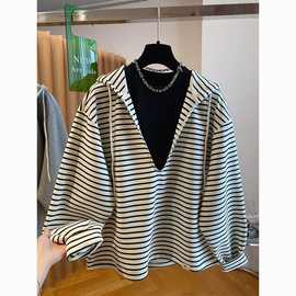 北疆狼假两件V领条纹拼接撞色卫衣男女2025早秋新款宽松休闲慵懒