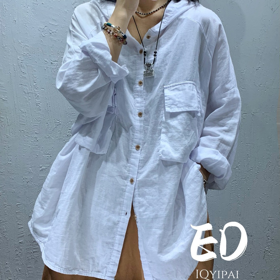 (2개) ED8967 더블 레이어 코튼 대마 모자 느슨한 대형 에디션 셔츠 2023 새로운 솔리드 컬러 패션 캐주얼 카디건 재킷