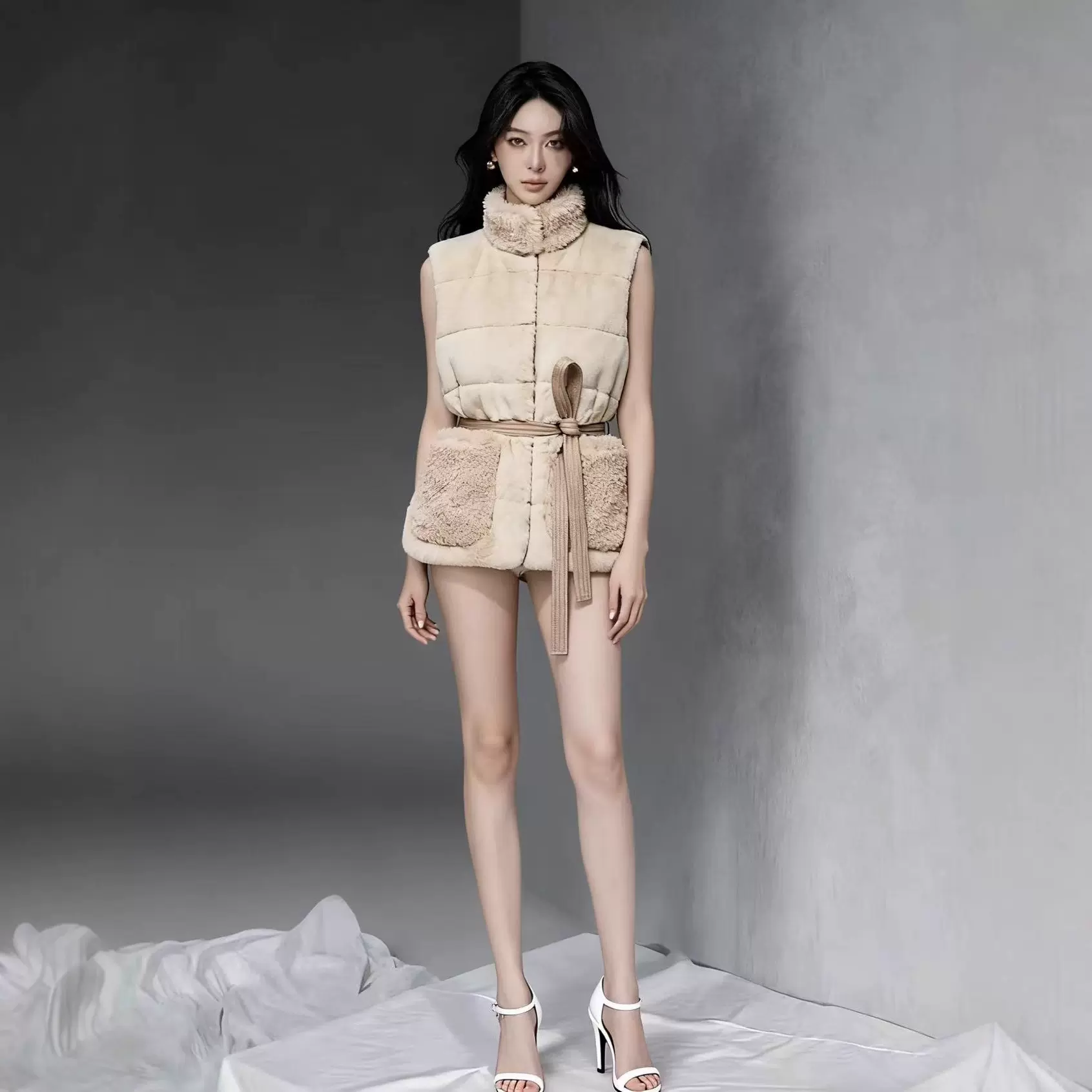 2025秋冬新款泰迪绒立领无袖羽绒马甲外套 小众设计 时髦洋气百搭