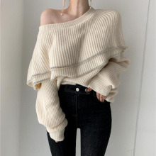 韩版法式复古双层荷叶边露肩设计感长袖针织衫毛衣女