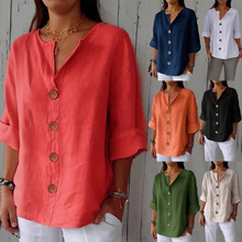 亚马逊2025跨境欧美夏季新款外贸宽松衫女士V领棉麻纽扣T恤上衣女