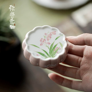 弥言纯手绘兰花花朵盖置中式功夫茶配件家用盖碗茶具茶壶盖托小