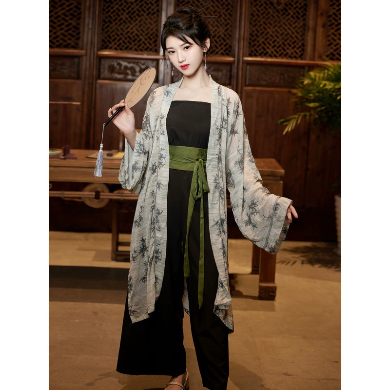 Новый костюм Hanfu в китайском стиле в песенном стиле, весна-лето, длинный кардиган с улучшенными штанами для песен, комплект из трех предметов, ежедневные поездки