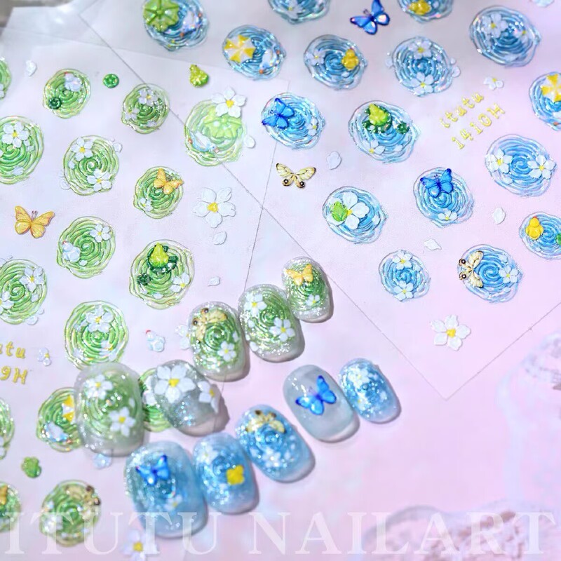Ins-style summer tranquil ripple water wave nail art jelly style fresh plumeria butterfly swirl nail stickers