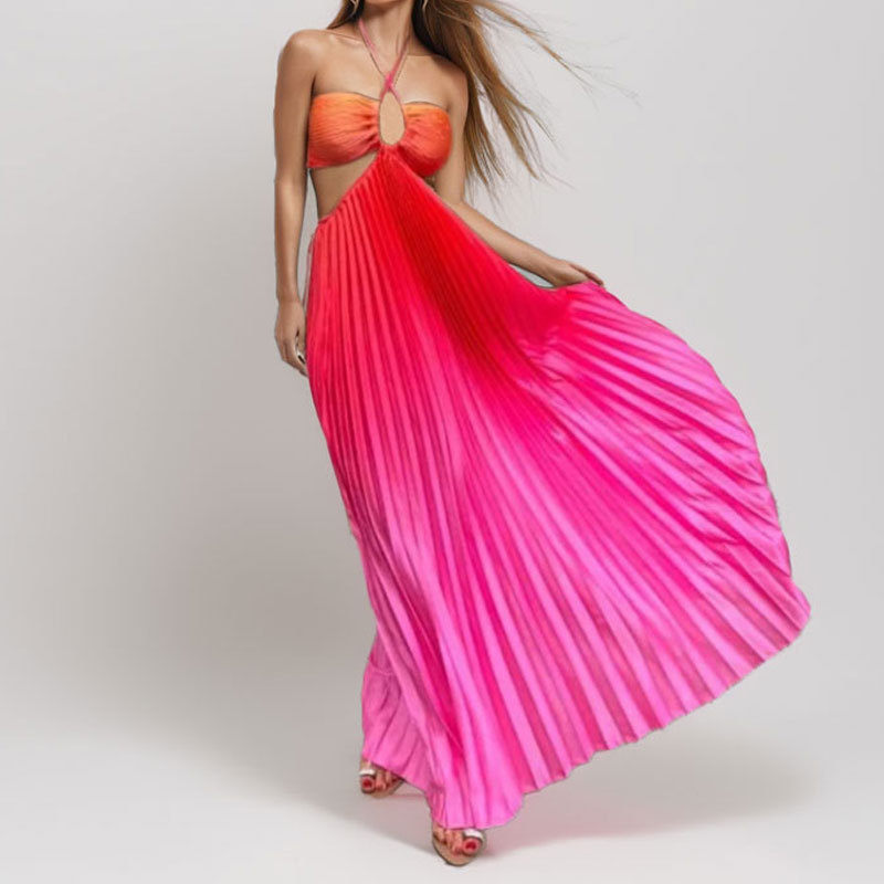 Women's Elegant Hollow Out Halter Neck Dress Spring 2026 Sexy Gradient Color Long Casual American Style Summer Clothing_ecoleips.com