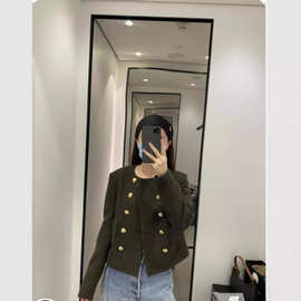 22 C琳家圆领韩版宽松型短外套咸菜绿纯色双排扣羊毛气质通勤外套