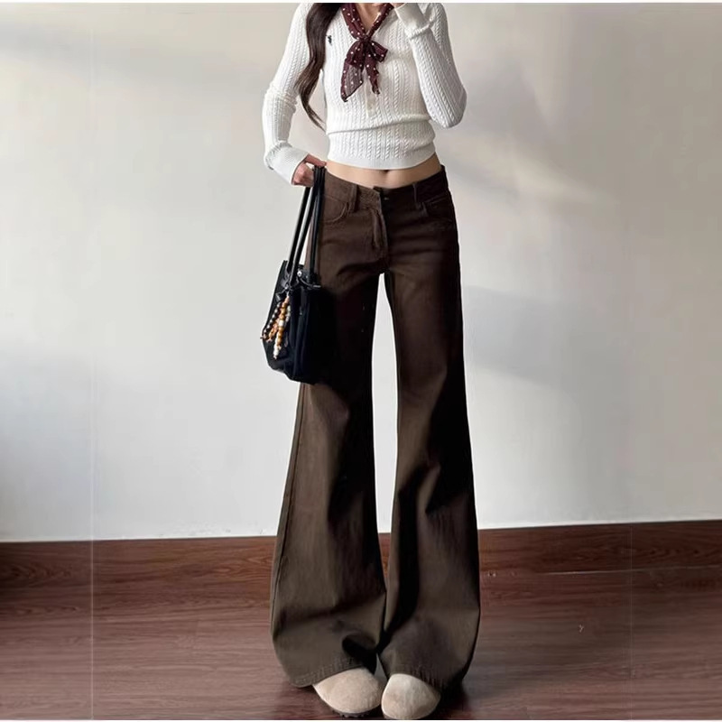 Coffee-Colored Flared Jeans for Women, Low-Waisted, Loose-Fitting, Wide-Leg, Non-Tight Flared Pants, Slimming Flared Pants for Women