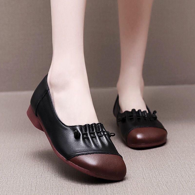 Discount Flats Tendon Soft Sole Mom Shoes 2024 Spring and Summer New Retro Flats Middle-Aged and Elderly Women's Leather Shoes