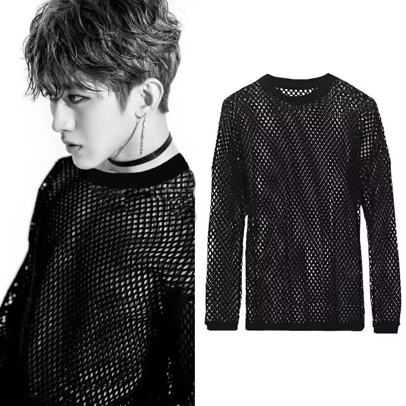 Cross-Border Mesh Hollow-Out Ribbed Round-Neck Long-Sleeve T-Shirt for Men, Stage-Style, Personalized Fashion Fishnet Breathable Top Cover-Up