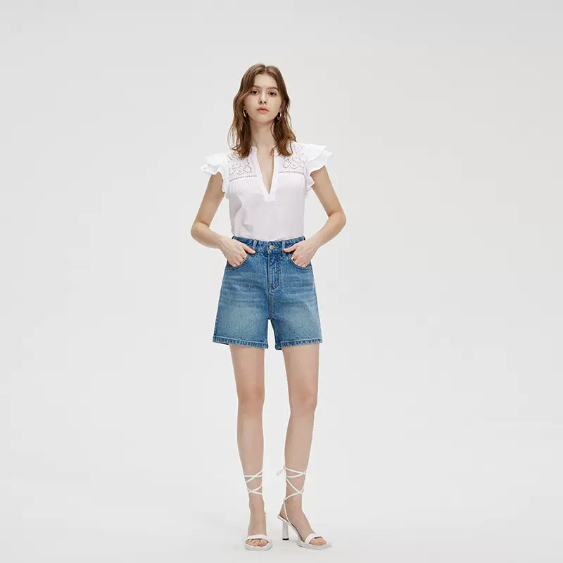 蓝语熙2025夏季牛仔女短裤高档树皮皱莱卡低弹微弹直筒四分短裤