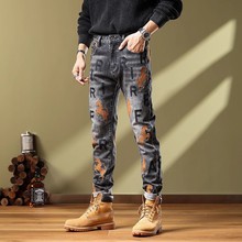 高档痞帅ins重工刺绣牛仔裤修男士春夏弹力修身直筒裤百搭小脚裤