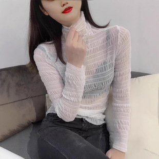 2025 Early Autumn Pile Collar Lace Puff Shirt Women's Inner Top Korean Style Sexy Hollow Out Base Shirt Women