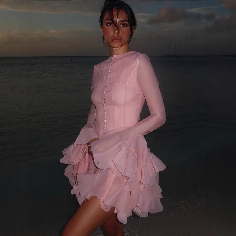 2025 French Sweet Long-Sleeved Waisted Ruffled Multi-Buckle Skirt