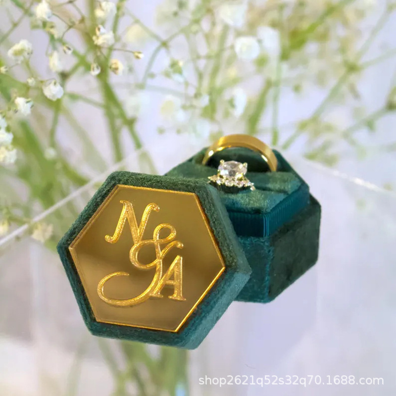 etsy レーザー彫刻カスタムミラーアクリル六角ベルベット布リングボックスプロポーズギフト人格|undefined