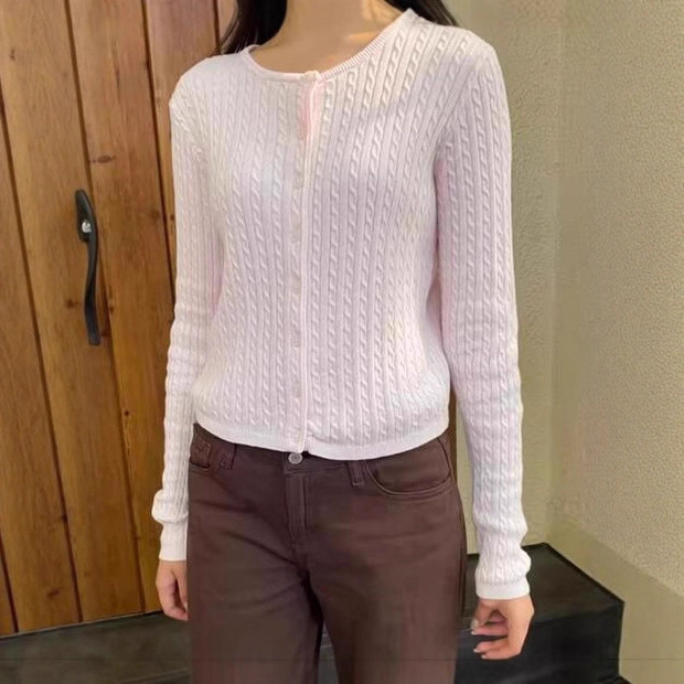 Bm New Light Pink Twist Knitted Cardigan Round Neck Top Bm Autumn and Winter Casual Versatile Long-Sleeved Jacket Top for Women