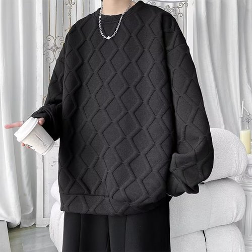 Diamond pattern heavy-duty hoodie for men, spring and autumn oversize large size inner layer base shirt, loose long-sleeved capless outerwear