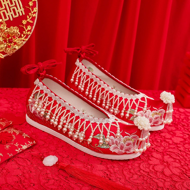 2023 Новые Туфли Xiuhe Свадебные Туфли Высокий Каблук Китайская Свадьба Старый Пекин Вышивка Бисером Ханьфу Вышитые Туфли Свадебная Обувь