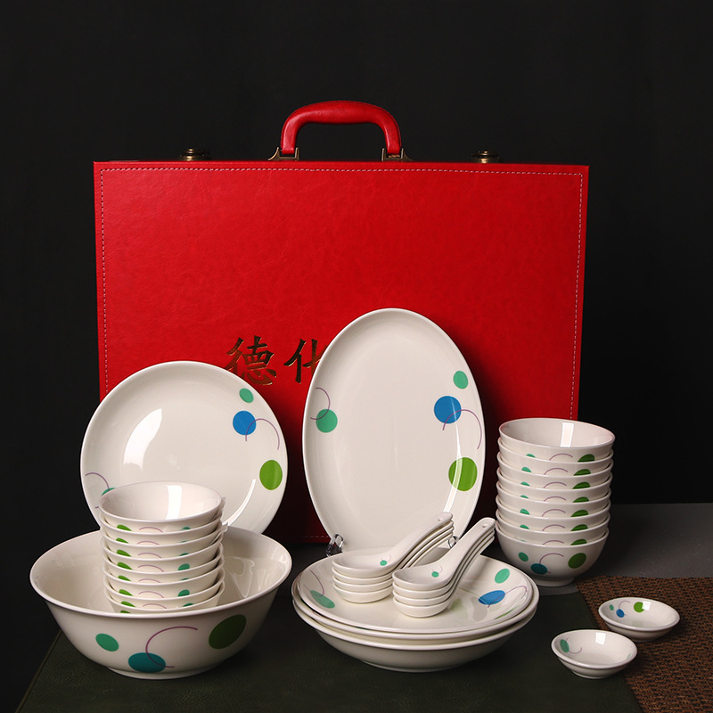 Lanwangdehua White Porcelain Tableware Set with Polka Dot Pattern, High-End Tableware for Home Use, Gift-Giving, Rice Bowls, Plates, and Dishes