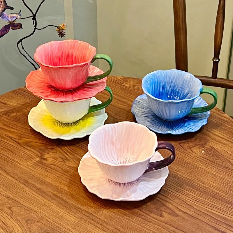 夏季釉下彩ins风法式小众陶瓷杯杯高颜值水杯郁金香咖啡杯碟套装|undefined