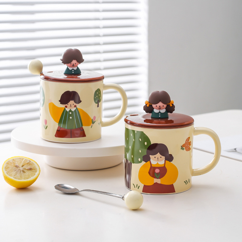 Leche fufu dibujos animados lindo taza chica Taza de cerámica pareja taza de agua oficina en casa taza de desayuno con tapa cuchara