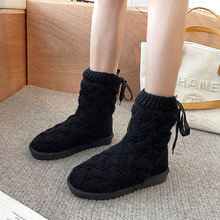 跨境新款创意款女雪地靴韩版橡胶针织毛线冬高筒灰色批发棉鞋代发