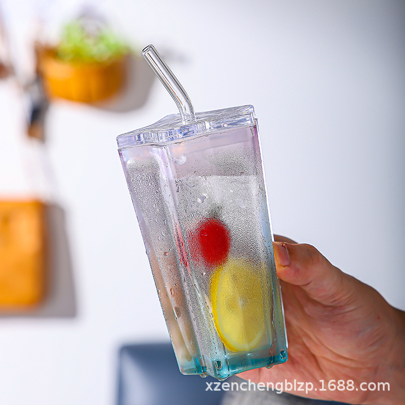 Vasos de paja al por mayor, vasos de vidrio con forma de estrella de cinco puntas, vasos degradados de colores, vasos para bebidas frías con tapas, tazas de café, regalos para mujeres