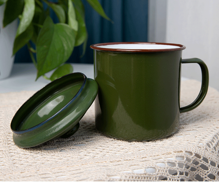 老式怀旧经典军绿色搪瓷杯复古老式茶缸铁茶缸子有盖-泡茶杯_0