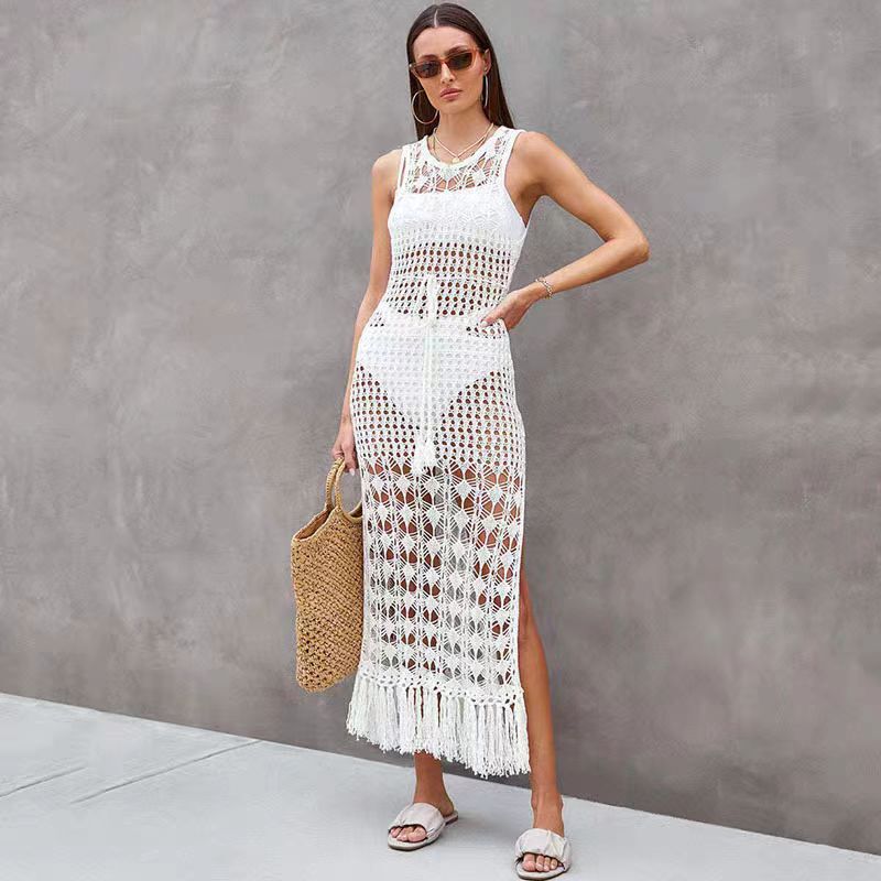 European and American New Hollow Knitted Sexy dress Beach Bikini Blouse Vacation Swimsuit Vest Tassel Long Dress