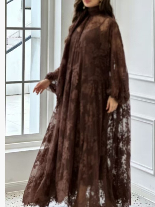 Elegant Deep Brown Maxi Dress With Lace Panels And Defined Waist | Flowy A-Line Skirt For Special Occasions_ecoleips.com