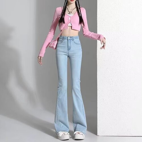 Light-colored micro-ragged jeans for women's new spring and summer tall, lengthened, high-waist, slimming, mopping horseshoe bell bottoms