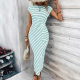 2025 cross-border elegant waist strap striped round neck short sleeve long dress summer women's high-end women's clothing