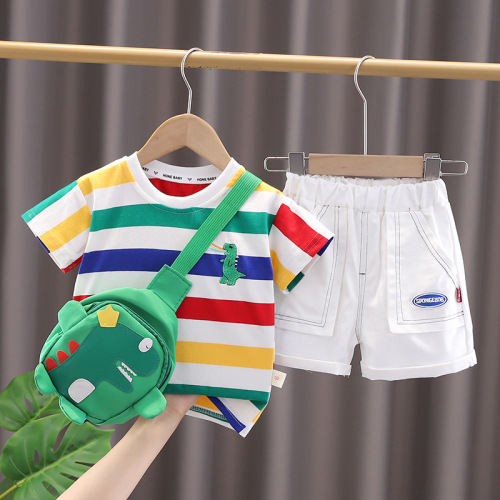 Baby boy summer striped bag set 1-2-5 years old boy children's clothing children's fashionable two-piece set one piece drop shipping